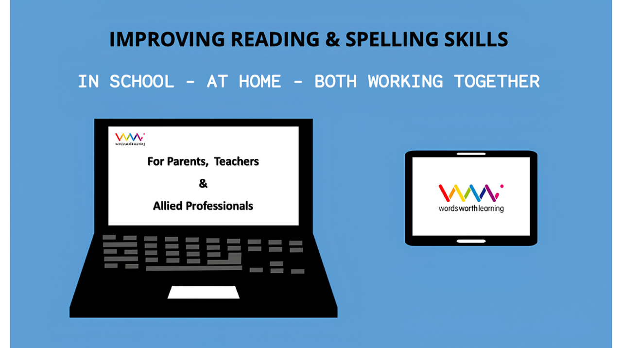 Laptop and tablet on blue background, promoting reading and spelling skills improvement for parents, teachers, and allied professionals.